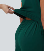 V Neck Short Sleeve Wide Leg Casual Jumpsuit with Pockets-Edition — Evergreen — view 5