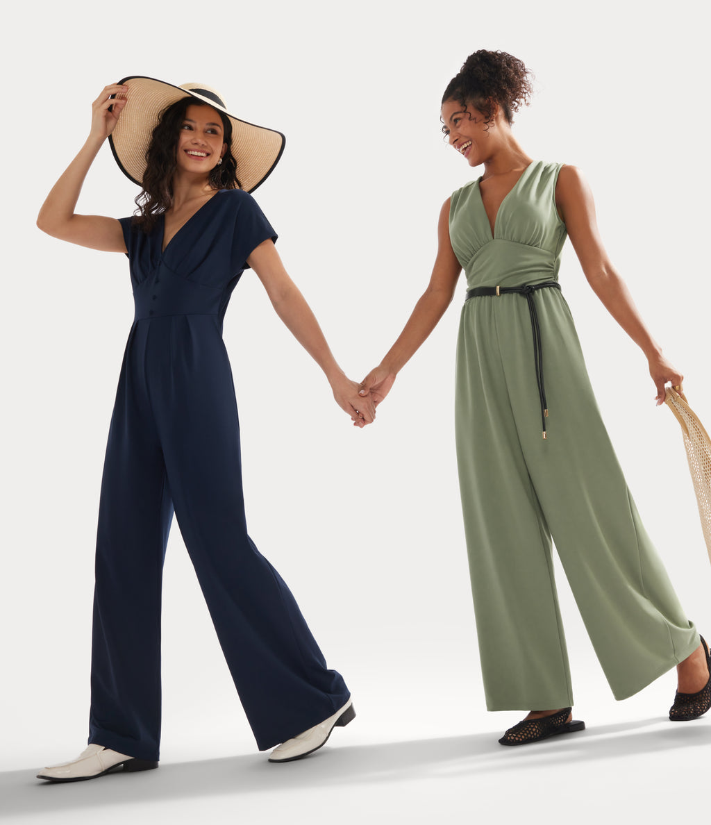 V Neck Short Sleeve Wide Leg Casual Jumpsuit with Pockets-Edition — Evergreen — view 2