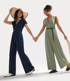 V Neck Short Sleeve Wide Leg Casual Jumpsuit with Pockets-Edition — Evergreen — view 2