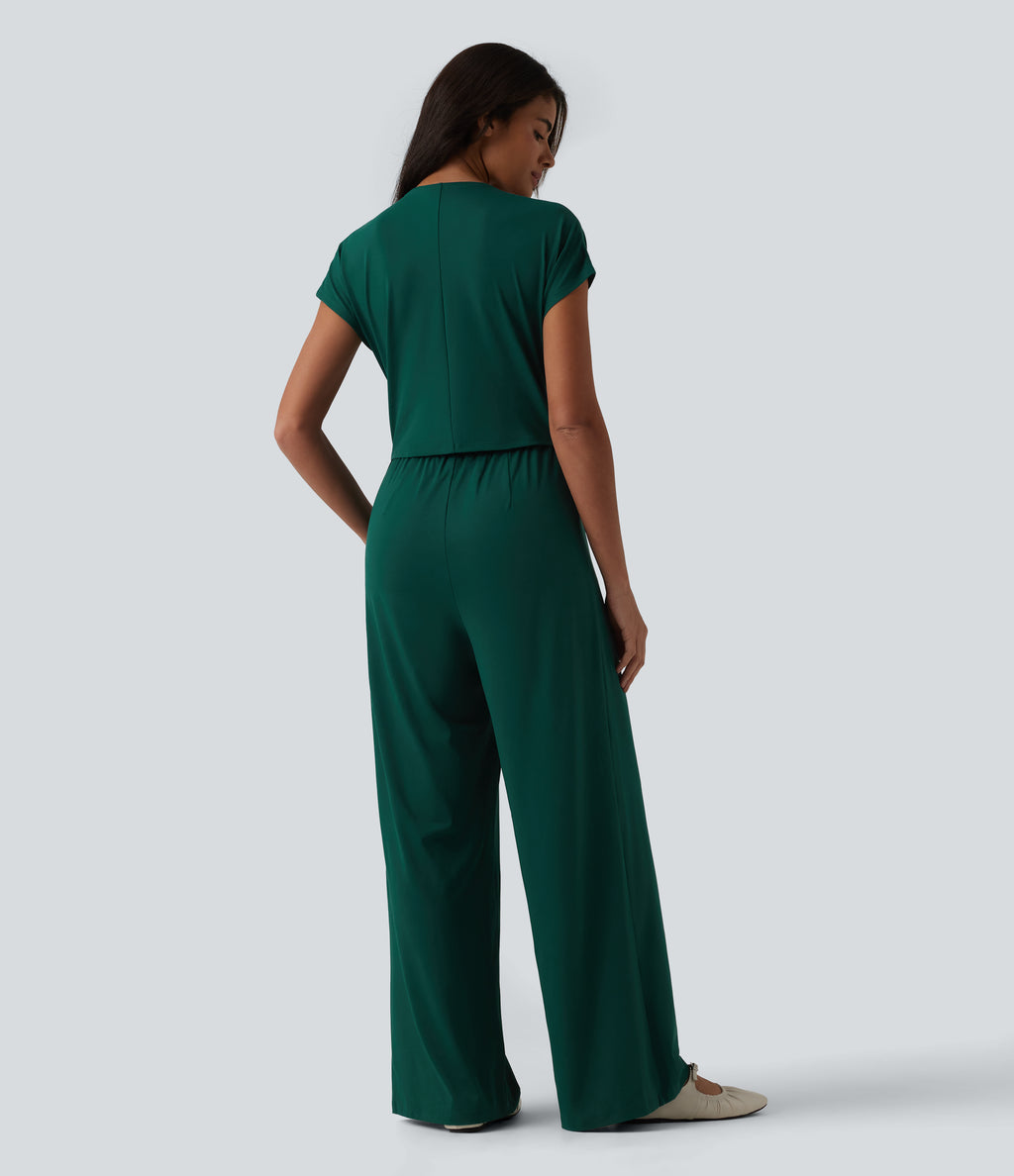 V Neck Short Sleeve Wide Leg Casual Jumpsuit with Pockets-Edition — Evergreen — view 3