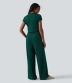 V Neck Short Sleeve Wide Leg Casual Jumpsuit with Pockets-Edition — Evergreen — view 3