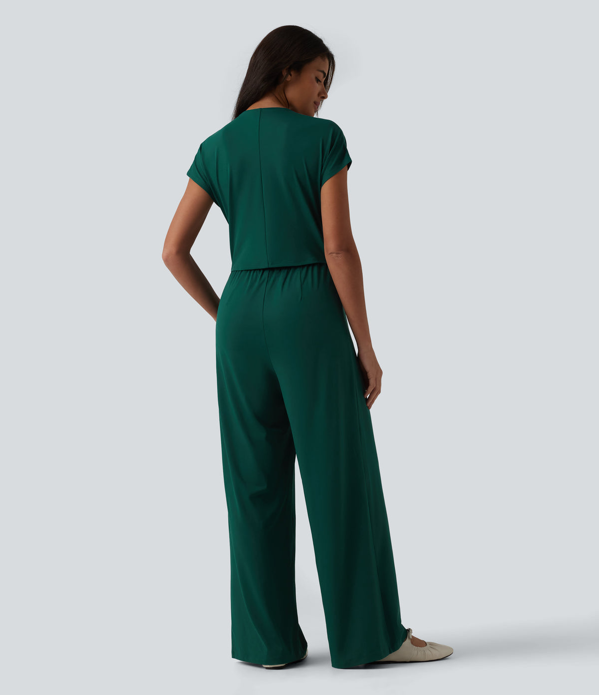 V Neck Short Sleeve Wide Leg Casual Jumpsuit with Pockets-Edition — Evergreen — view 3