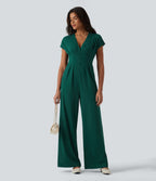 V Neck Short Sleeve Wide Leg Casual Jumpsuit with Pockets-Edition — Evergreen — view 7