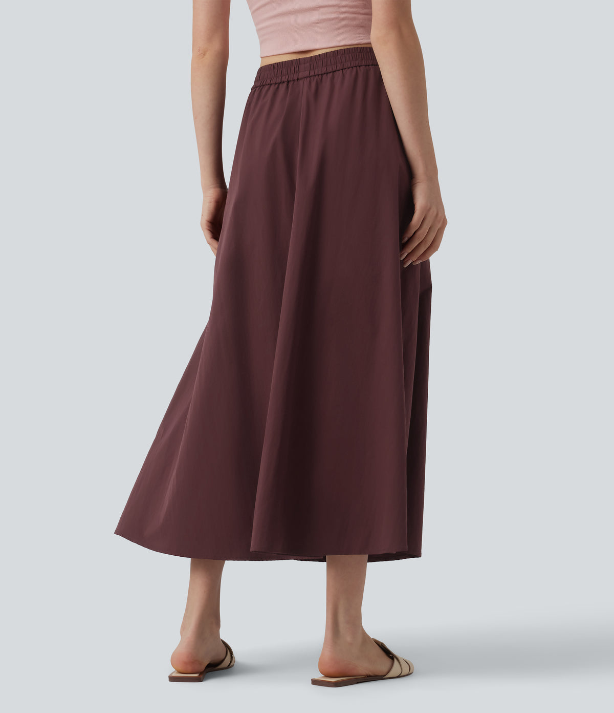 High Waisted A-Line Midi Casual Skirt with Pockets — Red Mahogany — view 2