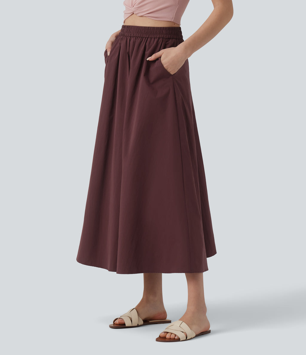 High Waisted A-Line Midi Casual Skirt with Pockets — Red Mahogany — view 3