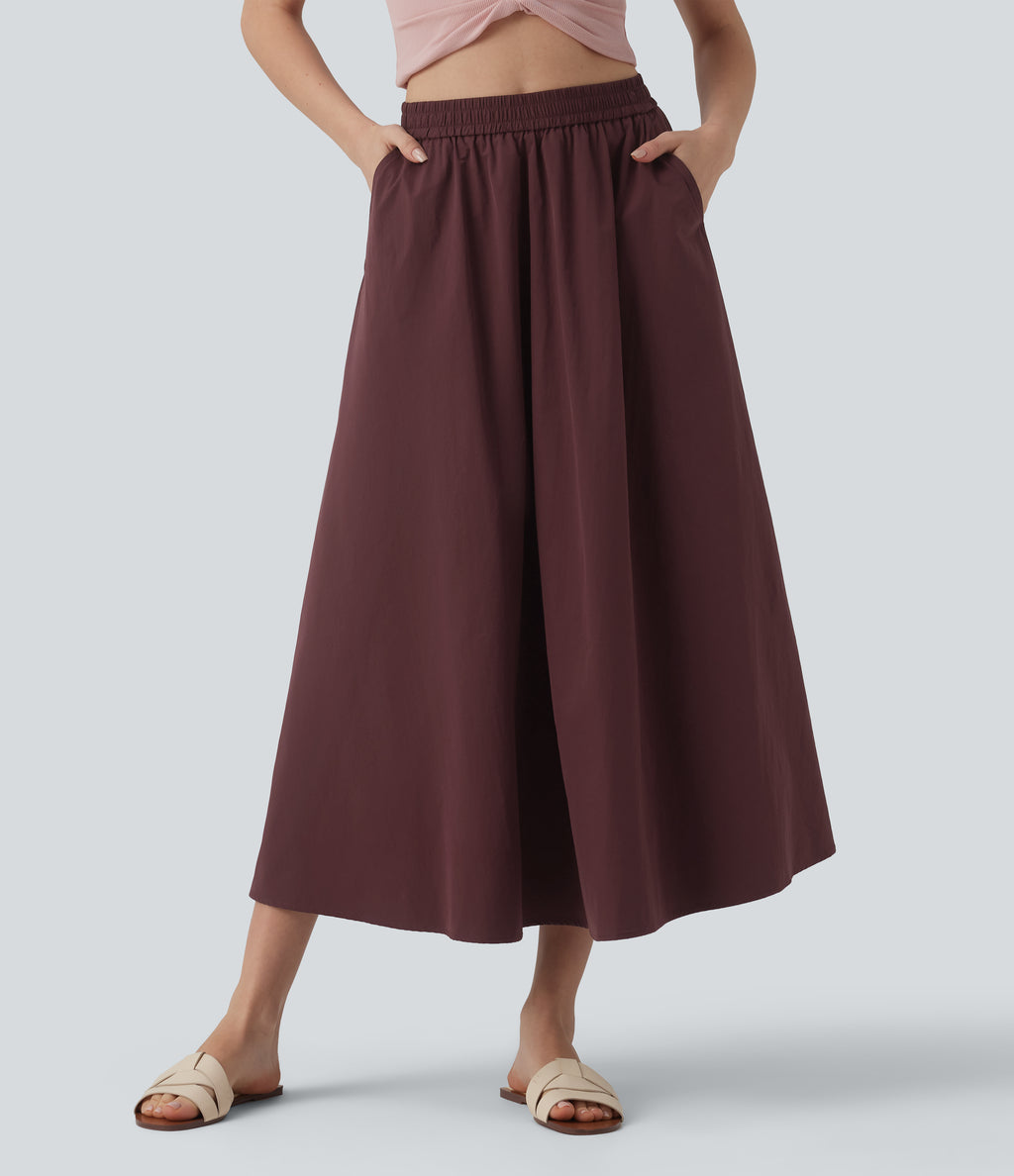 High Waisted A-Line Midi Casual Skirt with Pockets — Red Mahogany — view 1