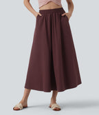 High Waisted A-Line Midi Casual Skirt with Pockets — Red Mahogany — view 1