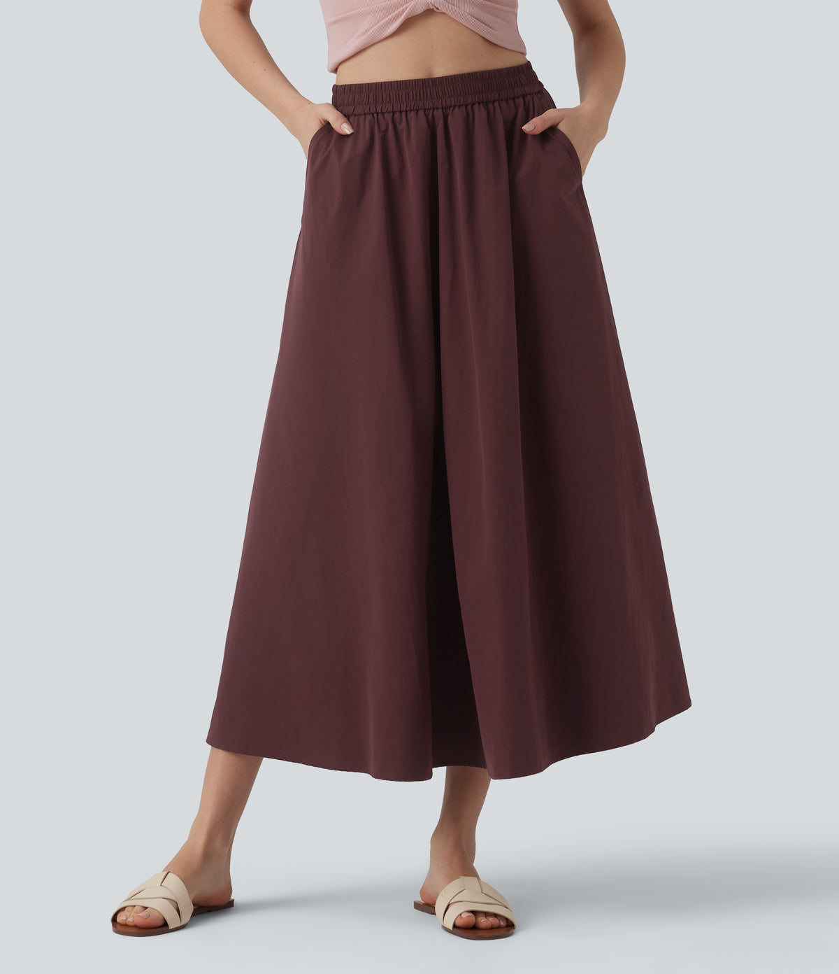 High Waisted A-Line Midi Casual Skirt with Pockets — Red Mahogany — view 1