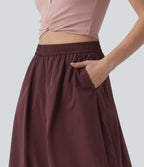 High Waisted A-Line Midi Casual Skirt with Pockets — Red Mahogany — view 4