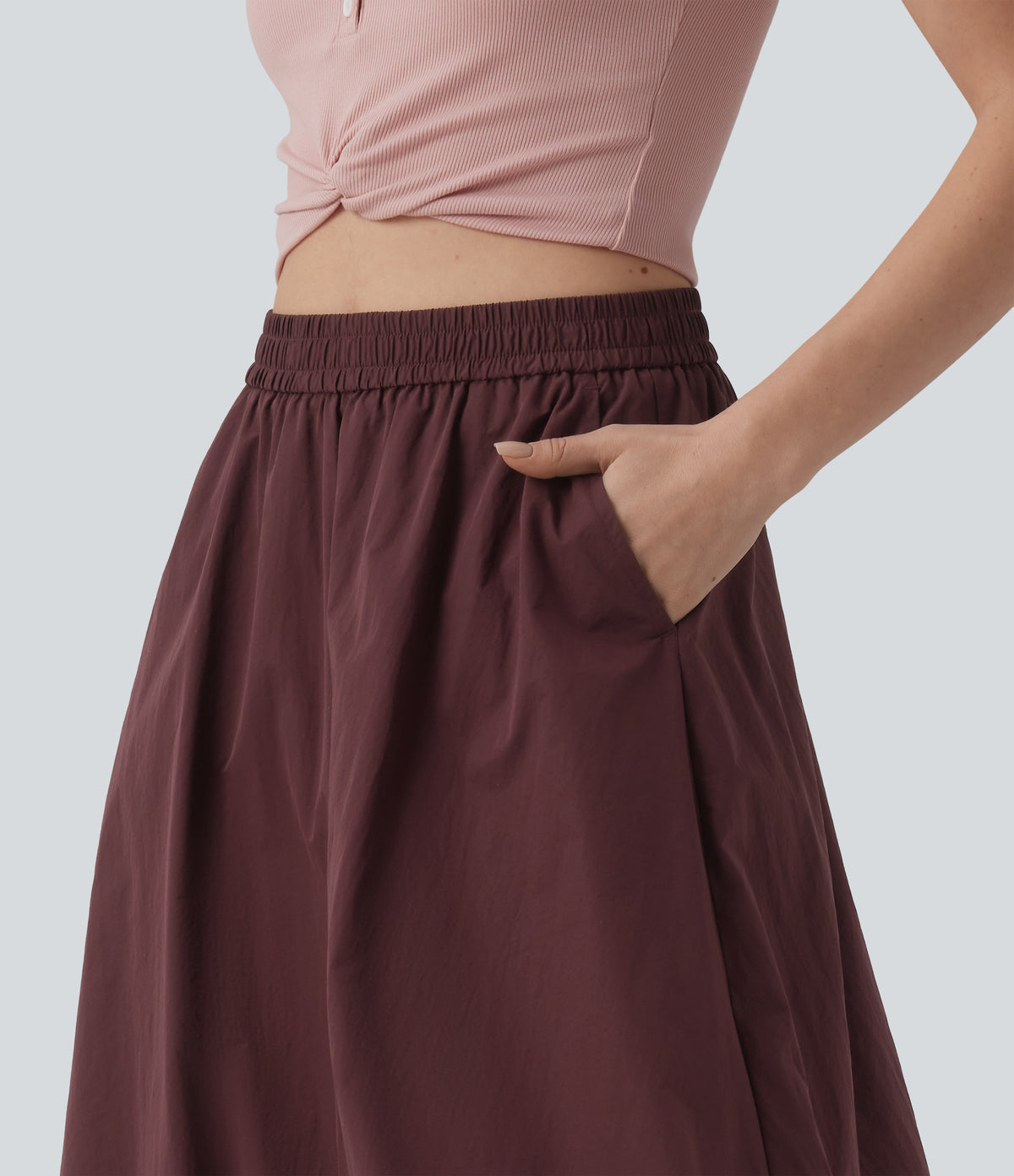 High Waisted A-Line Midi Casual Skirt with Pockets — Red Mahogany — view 4