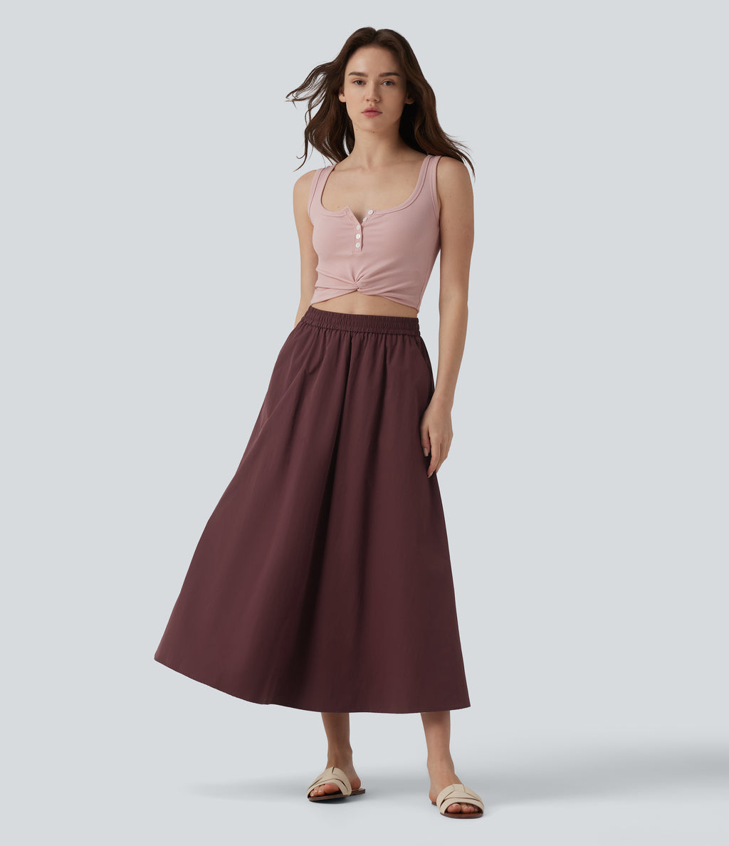 High Waisted A-Line Midi Casual Skirt with Pockets — Red Mahogany — view 5