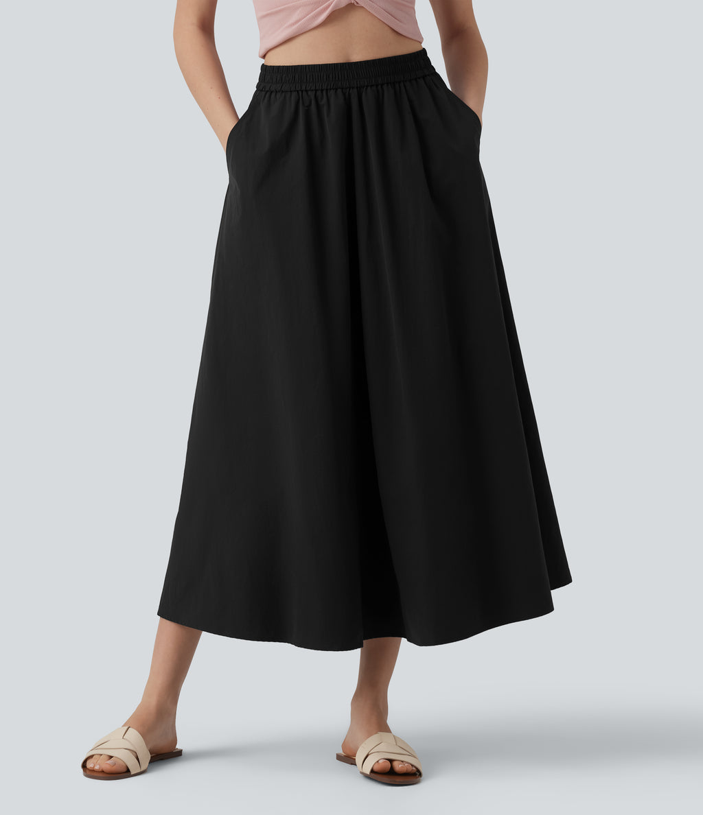 High Waisted A-Line Midi Casual Skirt with Pockets — Black — view 6