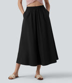 High Waisted A-Line Midi Casual Skirt with Pockets — Black — view 6