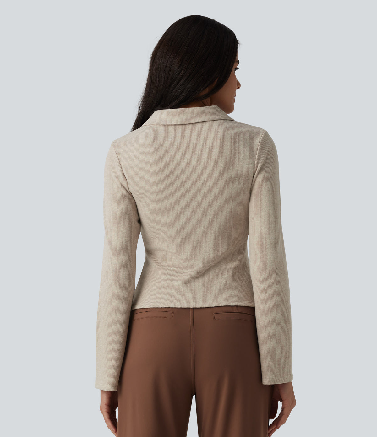 Ribbed Flounce Long Sleeve Work Top — Oatstone Beige — view 2