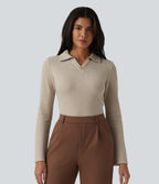 Ribbed Flounce Long Sleeve Work Top — Oatstone Beige — view 3