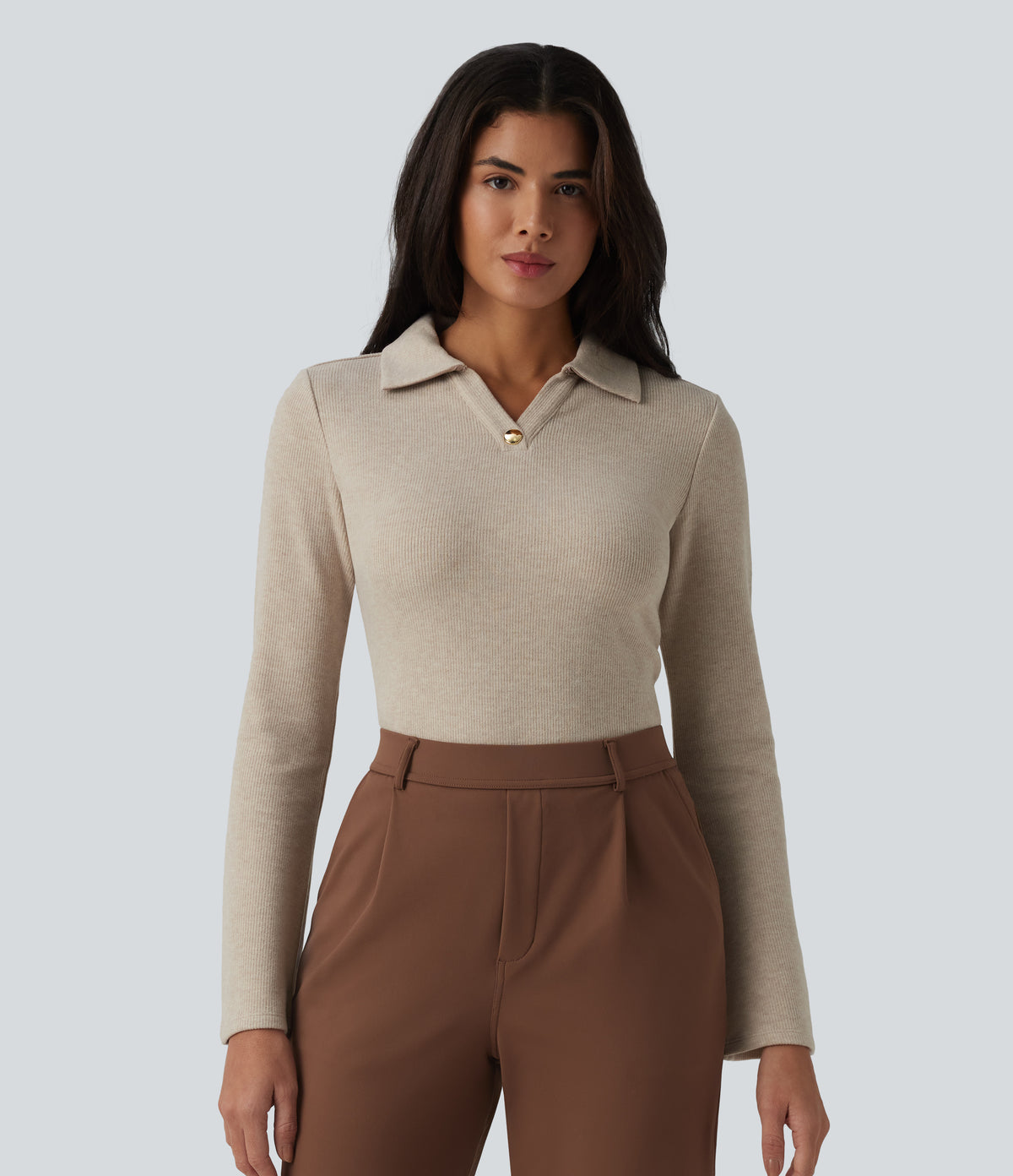 Ribbed Flounce Long Sleeve Work Top — Oatstone Beige — view 3