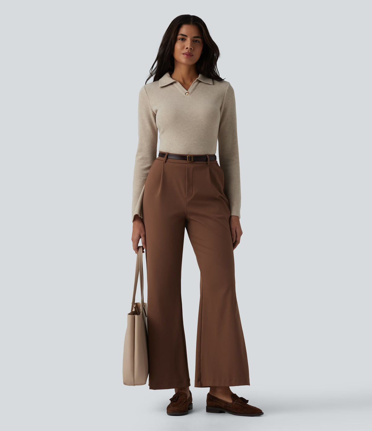 Ribbed Flounce Long Sleeve Work Top — Oatstone Beige — view 6