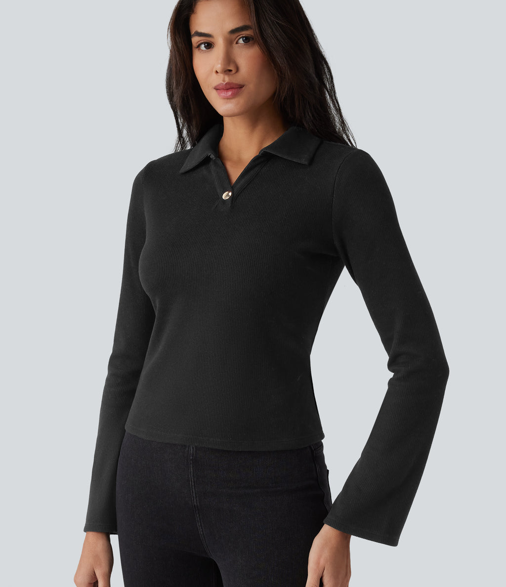 Ribbed Flounce Long Sleeve Work Top — Black — view 8