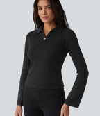 Ribbed Flounce Long Sleeve Work Top — Black — view 8