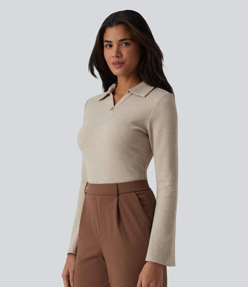 Ribbed Flounce Long Sleeve Work Top — Oatstone Beige — view 4