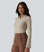 Ribbed Flounce Long Sleeve Work Top — Oatstone Beige — view 4