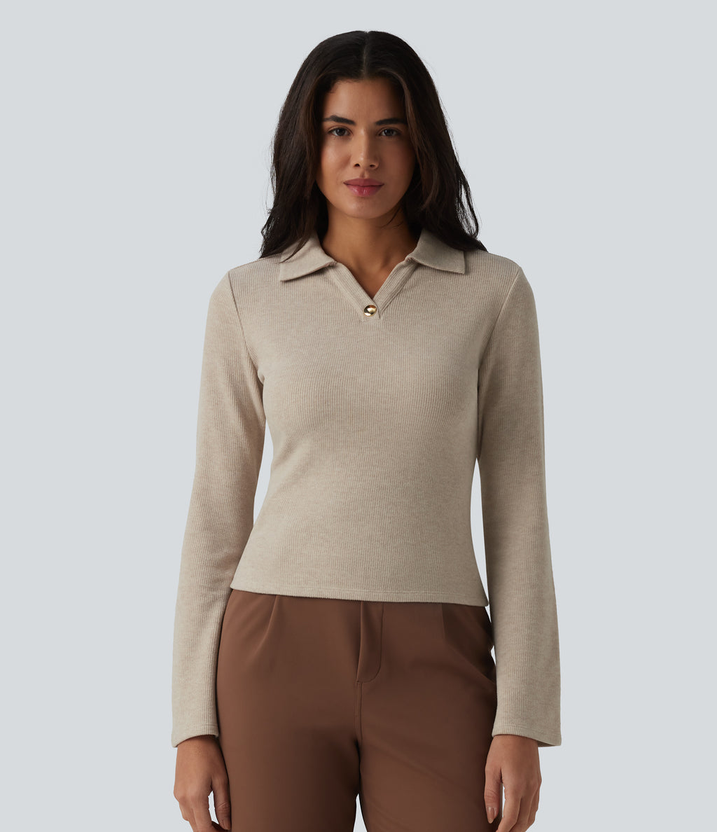 Ribbed Flounce Long Sleeve Work Top — Oatstone Beige — view 5