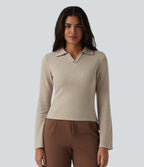 Ribbed Flounce Long Sleeve Work Top — Oatstone Beige — view 5