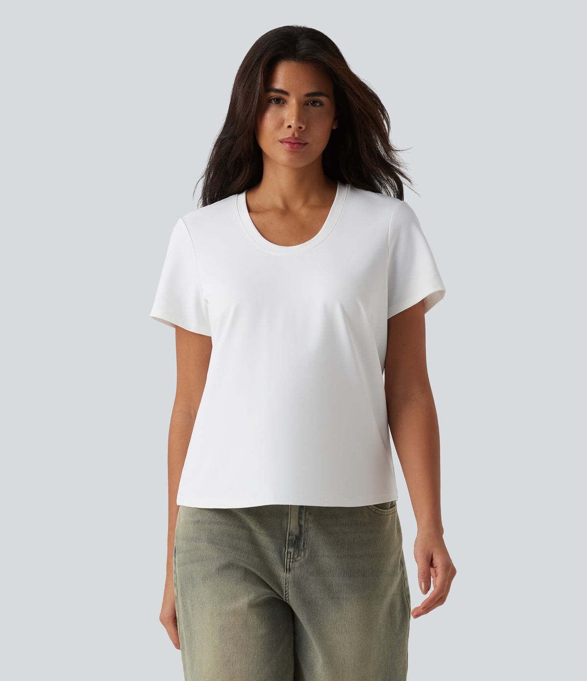 U Neck Short Sleeve Casual T-Shirt — White — view 5