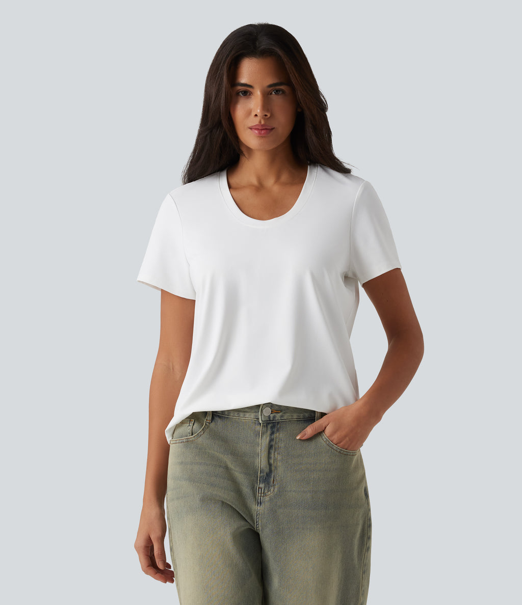 U Neck Short Sleeve Casual T-Shirt — White — view 1