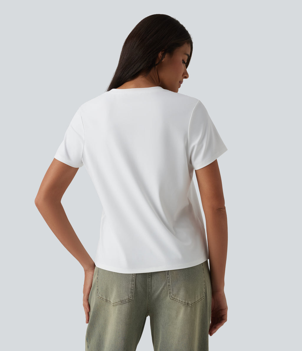 U Neck Short Sleeve Casual T-Shirt — White — view 2