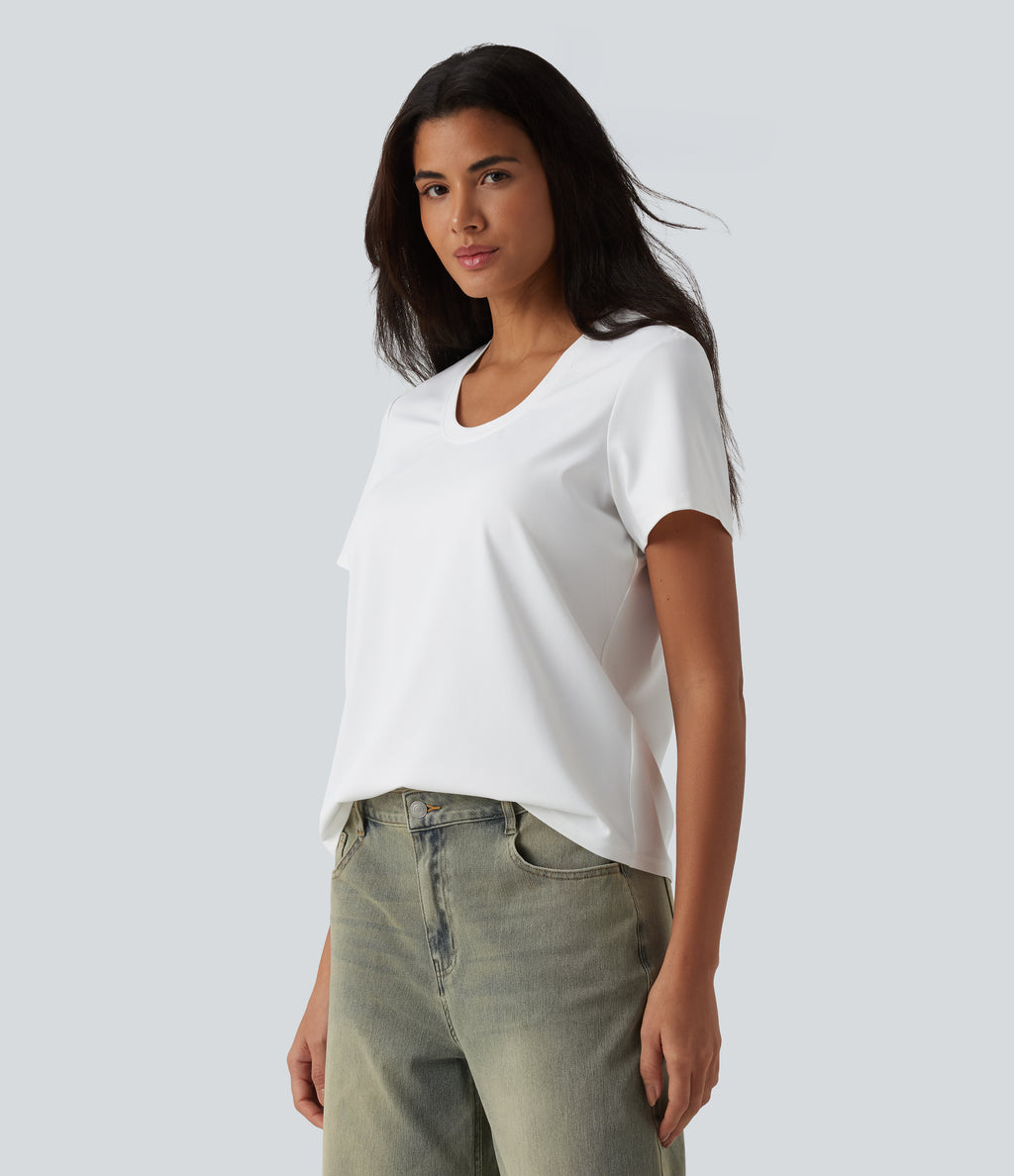 U Neck Short Sleeve Casual T-Shirt — White — view 3