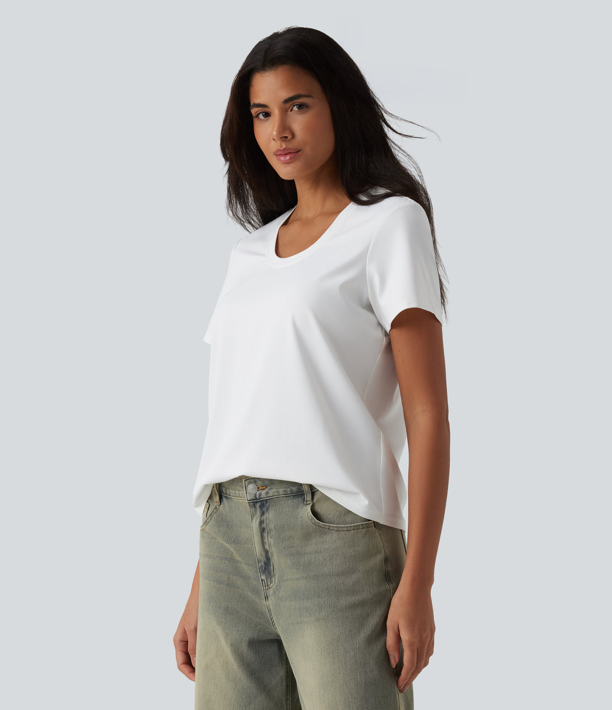 U Neck Short Sleeve Casual T-Shirt — White — view 3