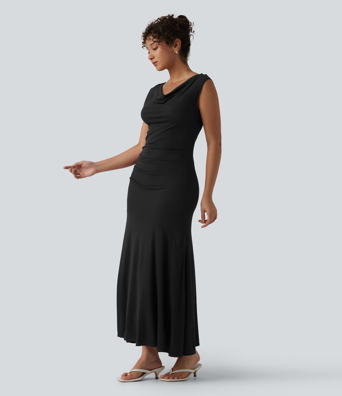 Ribbed Cowl Neck Sleeveless Maxi Casual Dress — Black — view 3
