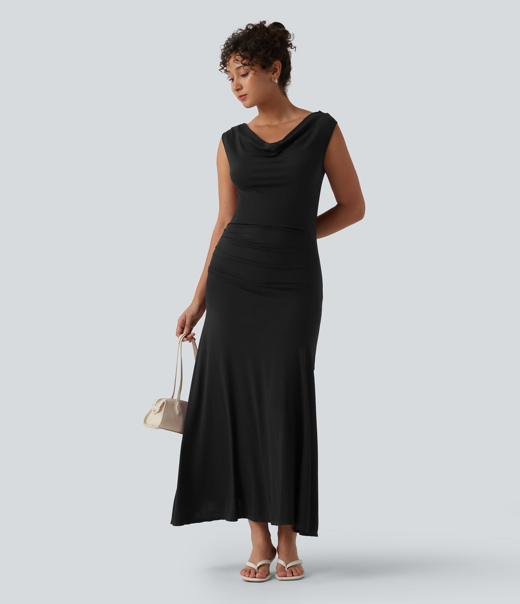 Ribbed Cowl Neck Sleeveless Maxi Casual Dress — Black — view 6