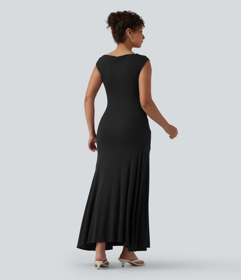 Ribbed Cowl Neck Sleeveless Maxi Casual Dress — Black — view 2