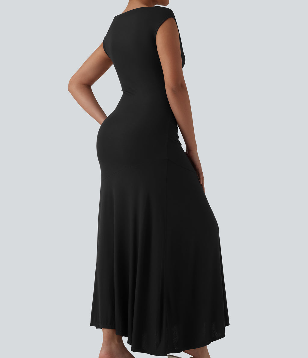 Ribbed Cowl Neck Sleeveless Maxi Casual Dress — Black — view 5