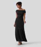 Ribbed Cowl Neck Sleeveless Maxi Casual Dress — Black — view 4
