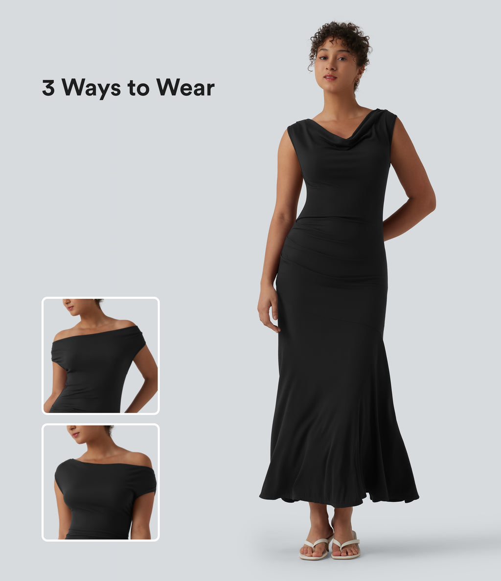 Ribbed Cowl Neck Sleeveless Maxi Casual Dress — Black — view 1