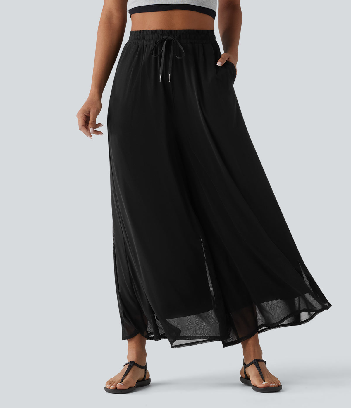 High Waisted Drawstring Wide Leg Flowy Mesh Casual Trousers with Pockets — Black — view 7