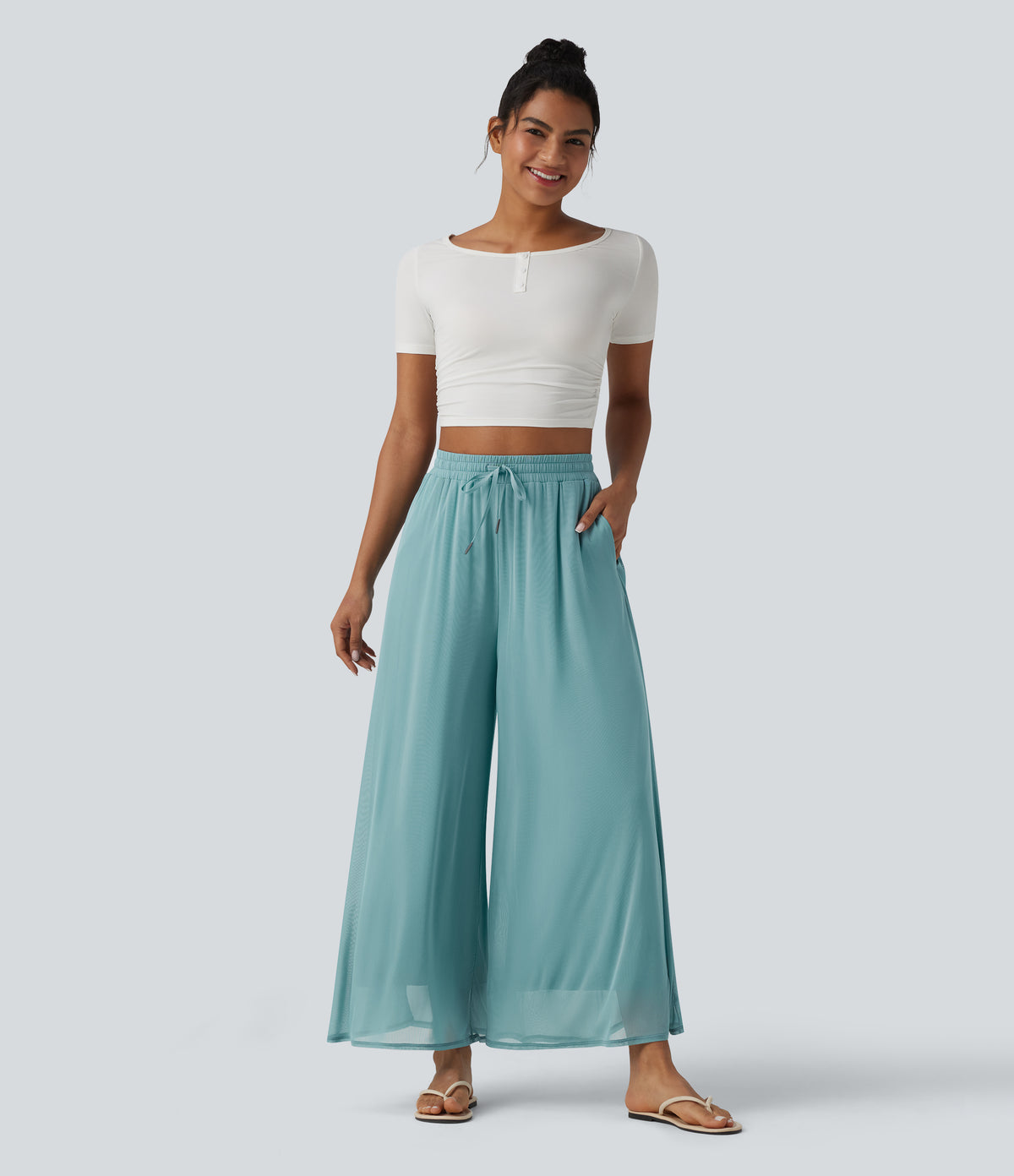 High Waisted Drawstring Wide Leg Flowy Mesh Casual Trousers with Pockets — Nile Blue — view 5