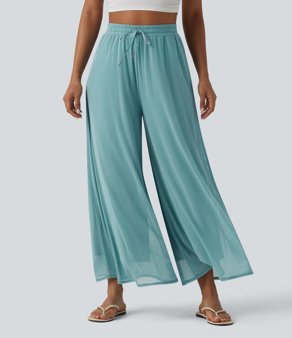 High Waisted Drawstring Wide Leg Flowy Mesh Casual Trousers with Pockets — Nile Blue — view 3