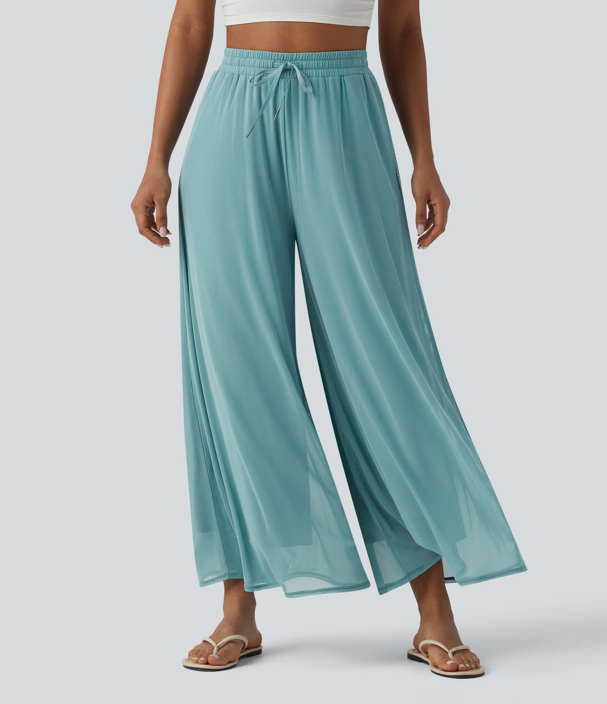 High Waisted Drawstring Wide Leg Flowy Mesh Casual Trousers with Pockets — Nile Blue — view 3