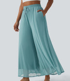 High Waisted Drawstring Wide Leg Flowy Mesh Casual Trousers with Pockets — Nile Blue — view 4