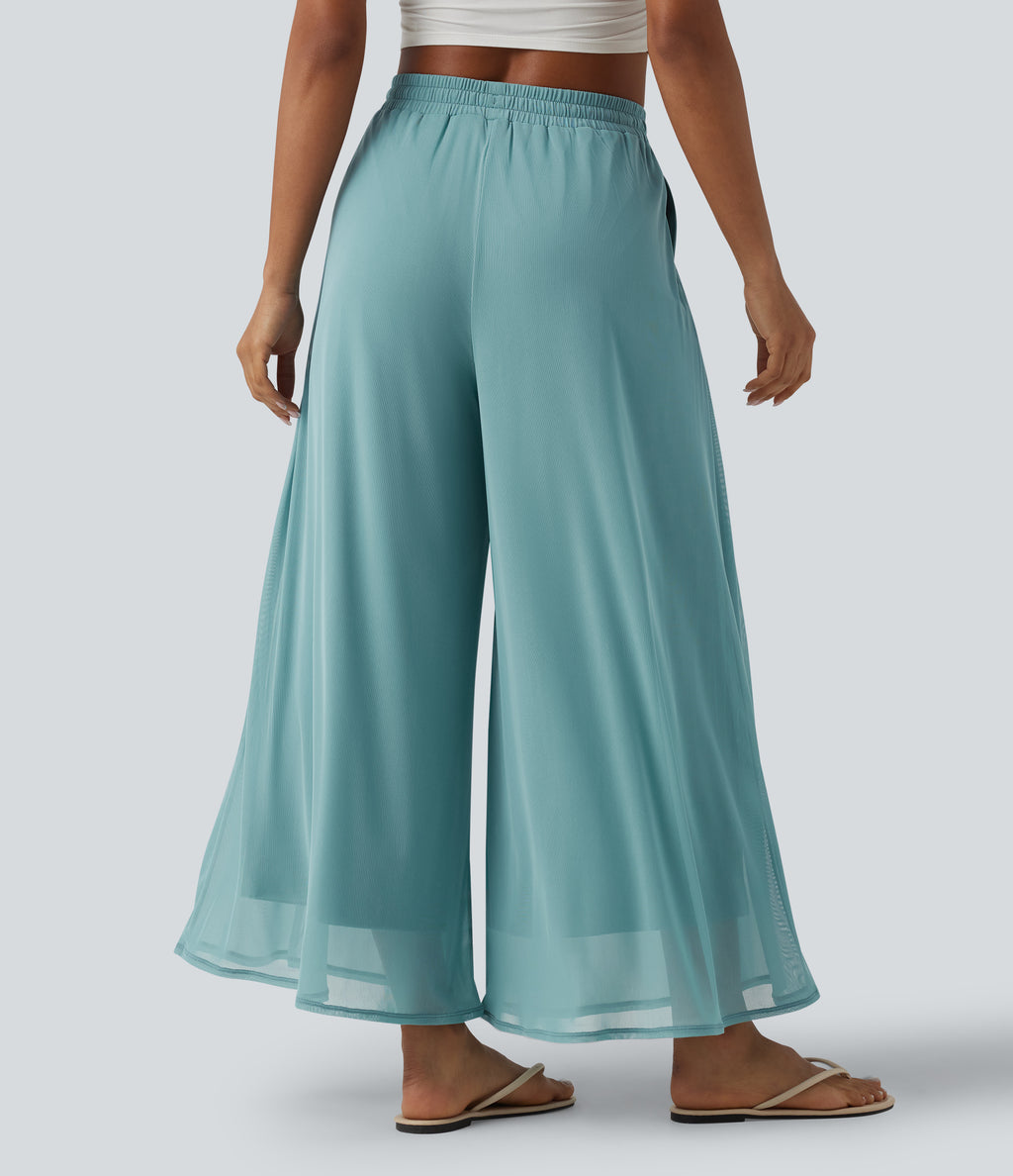 High Waisted Drawstring Wide Leg Flowy Mesh Casual Trousers with Pockets — Nile Blue — view 2