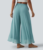 High Waisted Drawstring Wide Leg Flowy Mesh Casual Trousers with Pockets — Nile Blue — view 2