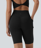 High Waisted Crossover Yoga Biker Shorts 9'' with Pockets — Black — view 6
