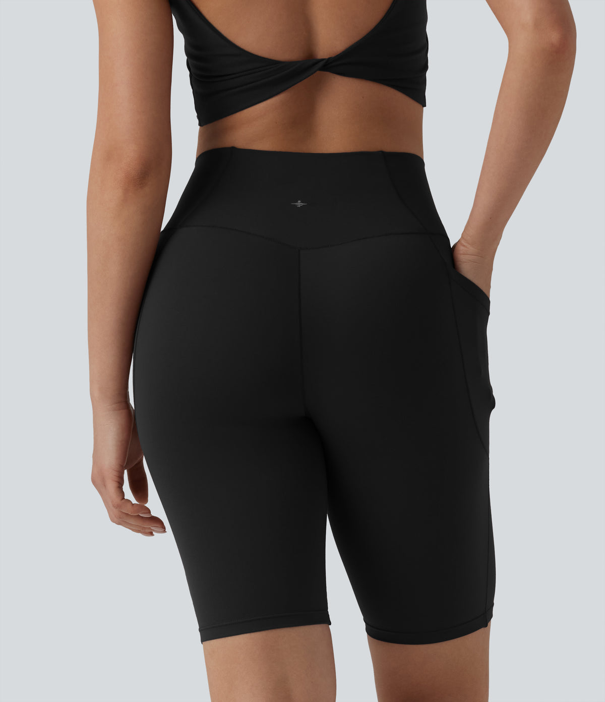High Waisted Crossover Yoga Biker Shorts 9'' with Pockets — Black — view 6