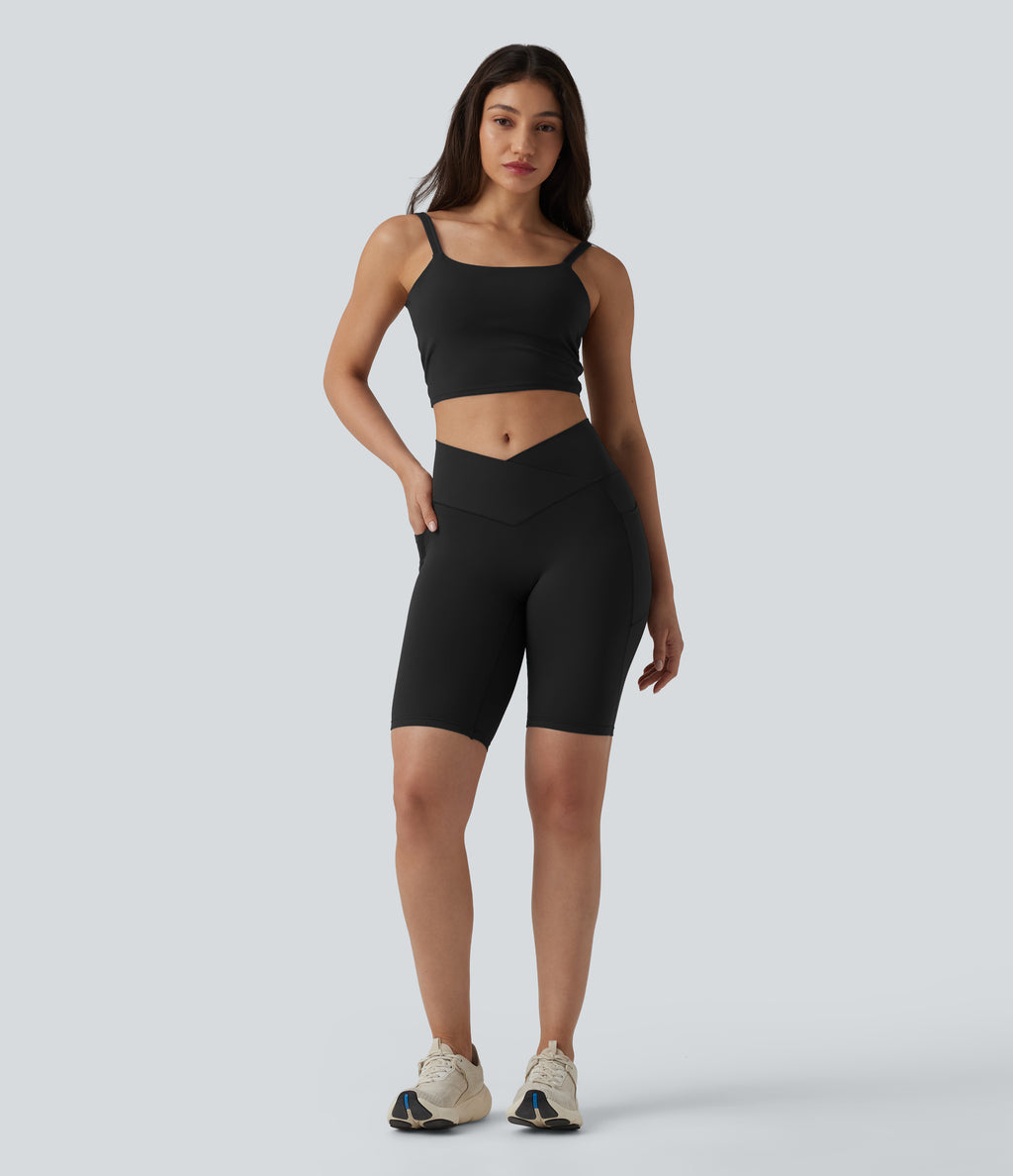 High Waisted Crossover Yoga Biker Shorts 9'' with Pockets — Black — view 7