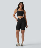 High Waisted Crossover Yoga Biker Shorts 9'' with Pockets — Black — view 7