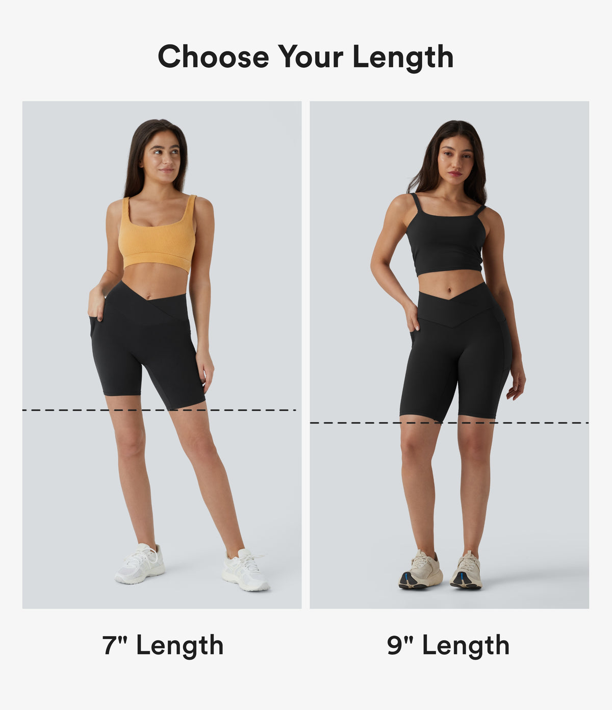 High Waisted Crossover Yoga Biker Shorts 9'' with Pockets — Black — view 2